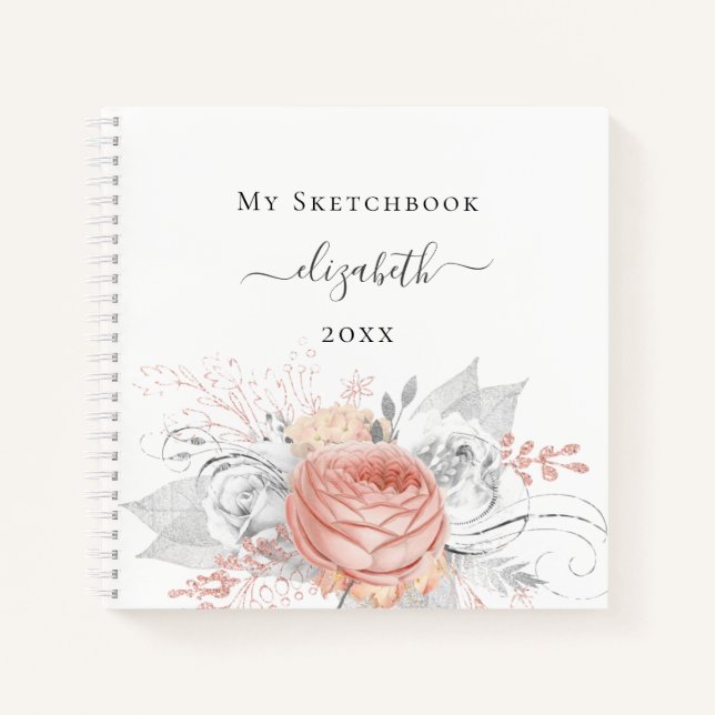 Sketchbook rose gold floral silver foliage white notebook (Front)