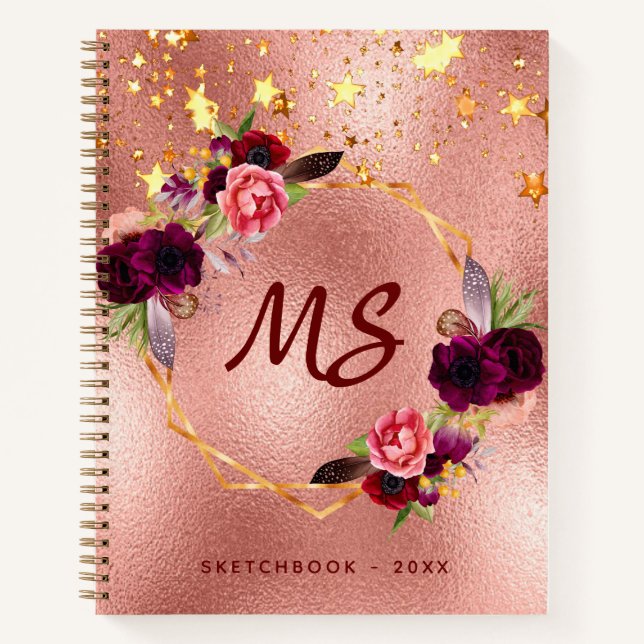 Sketchbook rose gold flowers burgundy monogram notebook (Front)