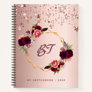 Sketchbook rose gold flowers burgundy monogram notebook