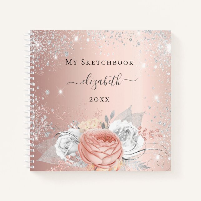Sketchbook rose gold flowers silver sparkles notebook (Front)