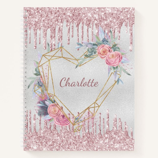 Sketchbook silver floral blush pink glitter name notebook (Front)