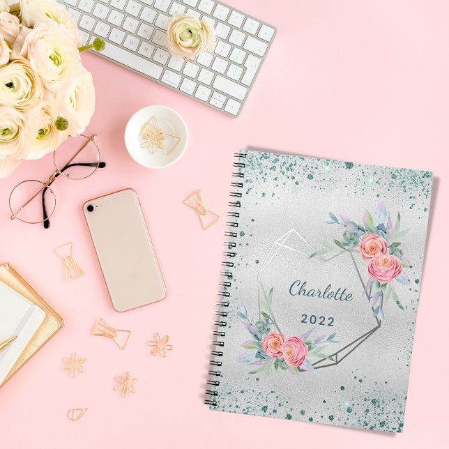 Sketchbook silver florals green glitter dust name notebook (Creator Uploaded)