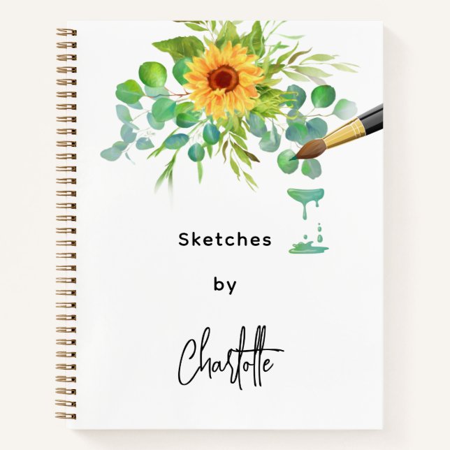 Sketchbook sunflowers eucalyptus name script notebook (Front)