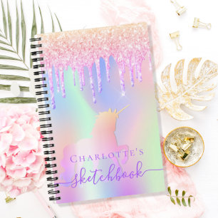 Sketchbook unicorn glitter pink iridescent name notebook