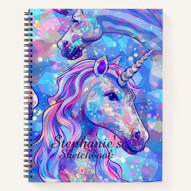 Sketchbook Unicorn Pink Blue Iridescent Name Notebook (Front)