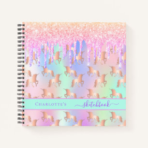 Sketchbook unicorn pink holographic name girl notebook