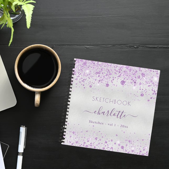 Sketchbook violet silver glitter name script notebook (Creator Uploaded)