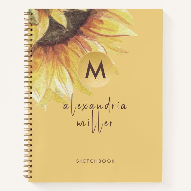 Sketchbook Watercolor Sunflower Monogram Notebook (Front)