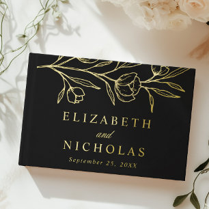 Sketched Black and Gold Foil Floral Photo Wedding Guest Book