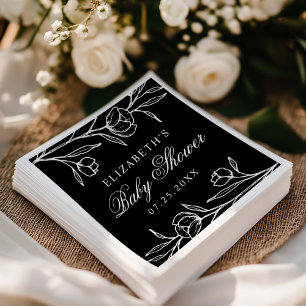 Sketched Black and White Floral Baby Shower Napkin