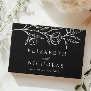 Sketched Black and White Floral Photo Wedding Guest Book
