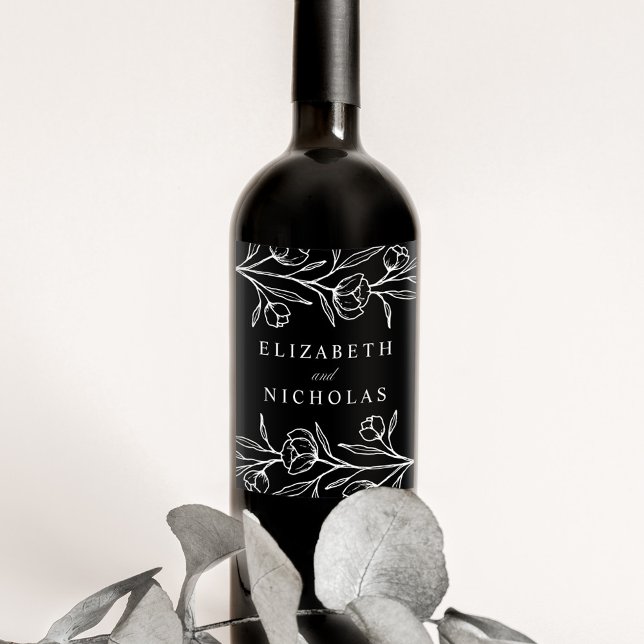 Sketched Black and White Floral Wedding Wine Label (Creator Uploaded)