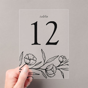 Sketched Black Floral Acrylic Wedding Table Number