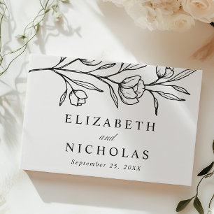 Sketched Black Floral Photo Wedding Guest Book