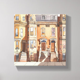 Sketched Brownstones Boston Street Painting Canvas Print