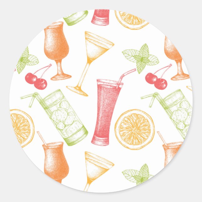 Sketched Cocktail Pattern Classic Round Sticker (Front)