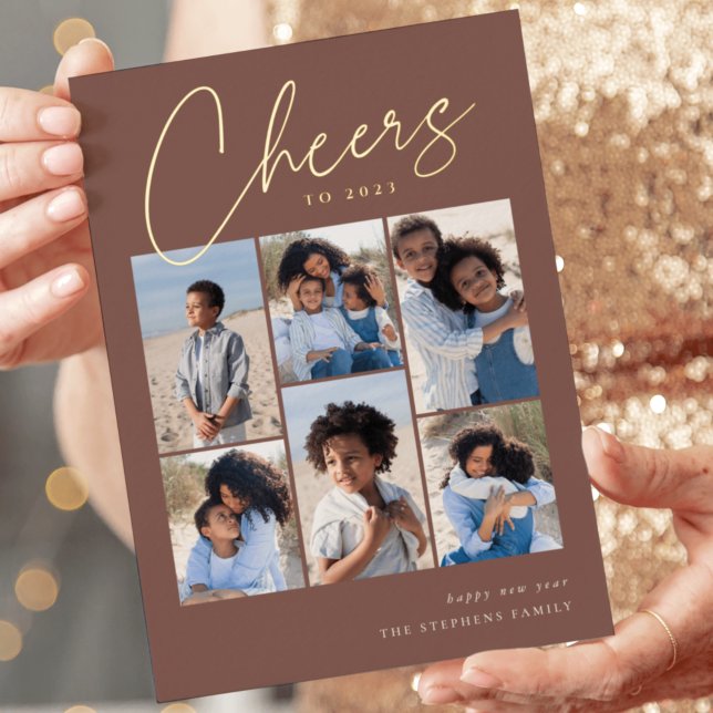 Sketched Cursive 6 Photo Collage New Year Foil Holiday Card (Creator Uploaded)