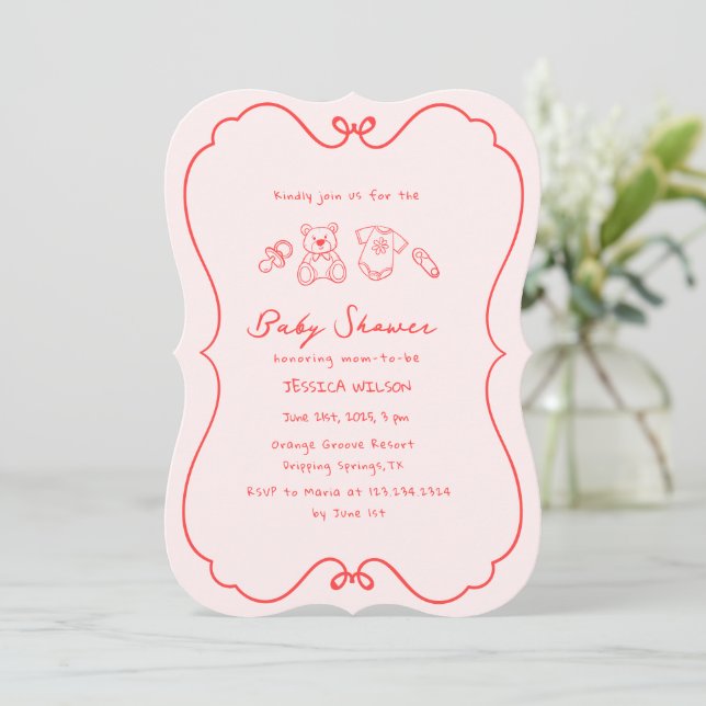 Sketched Cute Wavy Bow Frame Baby Shower Invitation (Standing Front)
