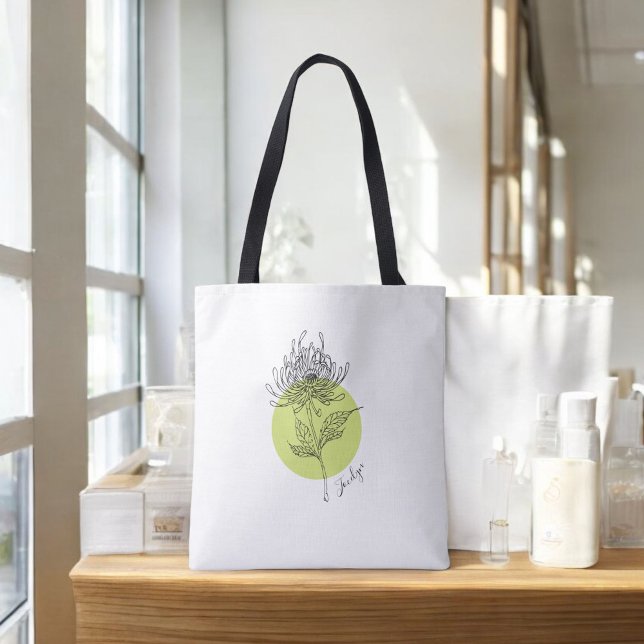 Sketched Dahlia Botanical Simple Minimal with Name Tote Bag (Personalize with your name or shop name.)