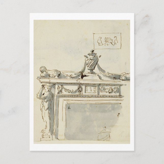 Sketched design for a fireplace (pen & ink and was postcard (Front)