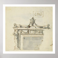 Sketched design for a fireplace (pen & ink and was