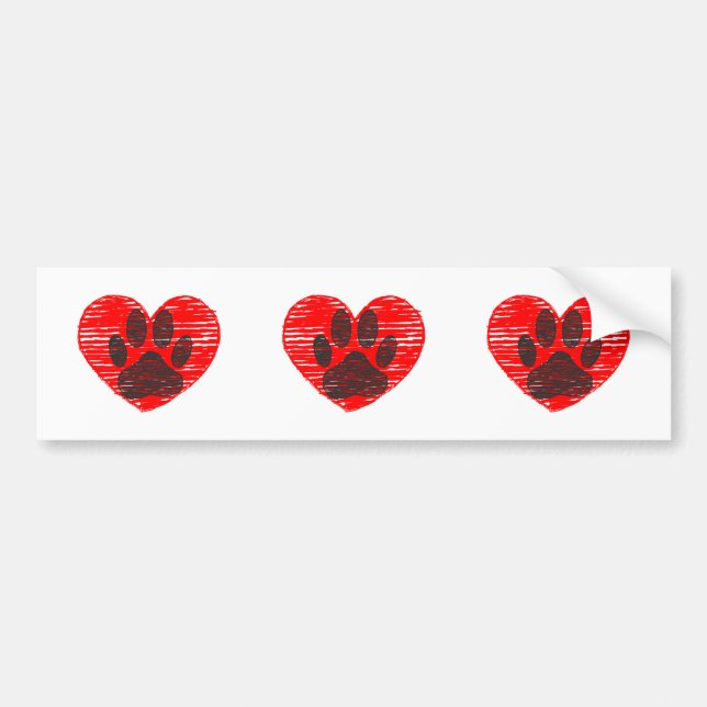 Sketched Dog Paw In Red Heart Bumper Sticker (Front)