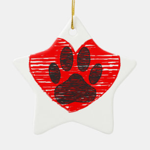 Sketched Dog Paw In Red Heart Ceramic Ornament