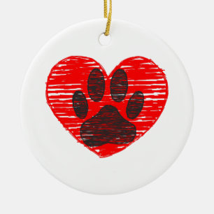 Sketched Dog Paw In Red Heart Ceramic Ornament