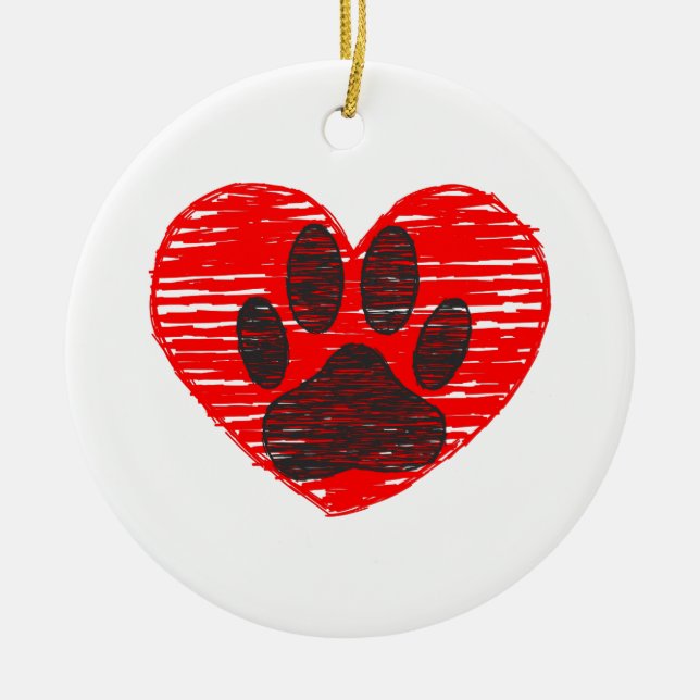 Sketched Dog Paw In Red Heart Ceramic Ornament (Front)