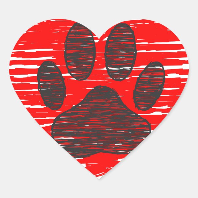 Sketched Dog Paw In Red Heart Heart Sticker (Front)