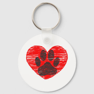 Sketched Dog Paw In Red Heart Keychain