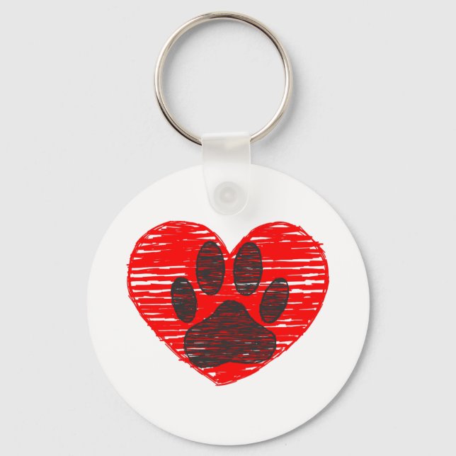 Sketched Dog Paw In Red Heart Keychain (Front)