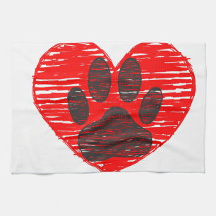 Sketched Dog Paw In Red Heart Kitchen Towel