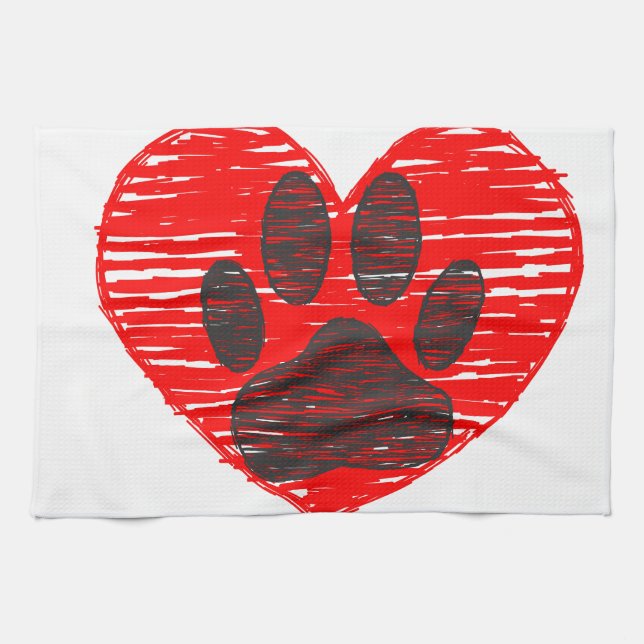 Sketched Dog Paw In Red Heart Kitchen Towel (Horizontal)