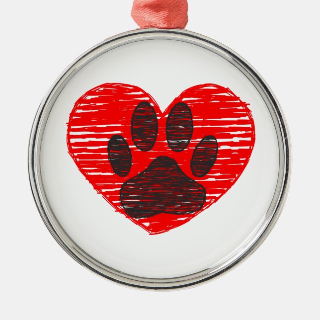 Sketched Dog Paw In Red Heart Metal Ornament (Front)