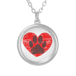 Sketched Dog Paw In Red Heart Silver Plated Necklace