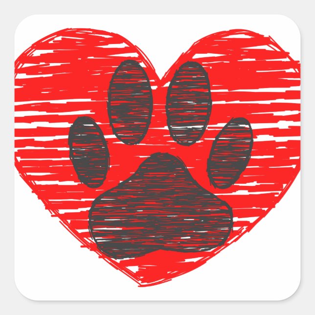 Sketched Dog Paw In Red Heart Square Sticker (Front)