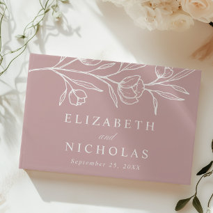 Sketched Dusty Rose Floral Photo Wedding Guest Book