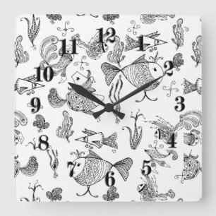 Sketched fairy fantasy fishes creachers plants sea square wall clock
