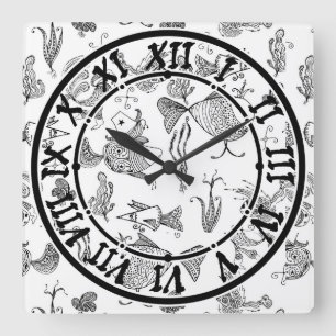 Sketched fairy fantasy fishes creachers plants sea square wall clock