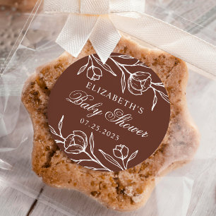 Sketched Floral Brown Baby Shower Classic Round Sticker