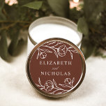 Sketched Floral Brown Wedding Classic Round Sticker<br><div class="desc">Elegant floral wedding stickers featuring white sketched flowers and leaves with a brown background. Personalize the sketched floral wedding stickers with your names. The floral stickers are perfect for sealing wedding envelopes,  wedding favours,  and more! Designed to coordinate with our Sketched Floral wedding collection.</div>