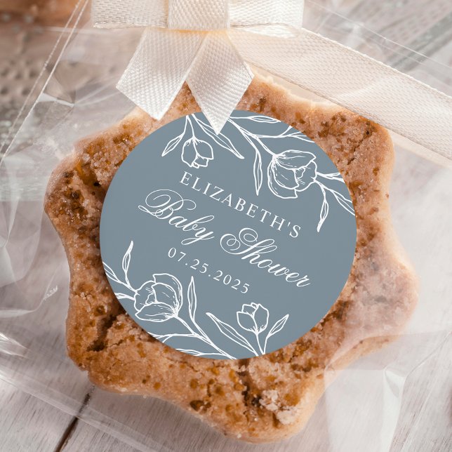 Sketched Floral Dusty Blue Baby Shower Classic Round Sticker (Creator Uploaded)