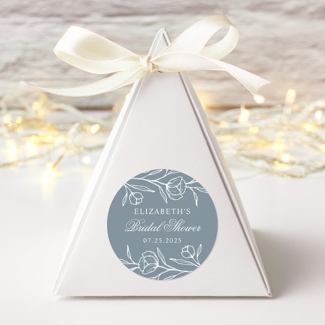 Sketched Floral Dusty Blue Bridal Shower Classic Round Sticker (Creator Uploaded)