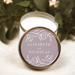 Sketched Floral Dusty Purple Wedding Classic Round Sticker<br><div class="desc">Elegant floral wedding stickers featuring white sketched flowers and leaves with a dusty purple background. Personalize the sketched floral wedding stickers with your names. The floral stickers are perfect for sealing wedding envelopes,  wedding favours,  and more! Designed to coordinate with our Sketched Floral wedding collection.</div>