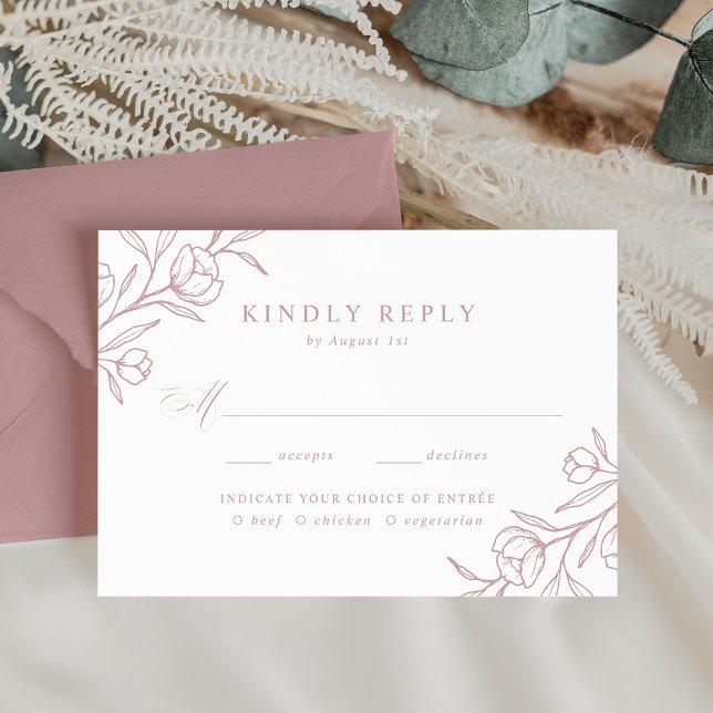 Sketched Floral Dusty Rose Meal Choice Wedding RSVP Card (Creator Uploaded)