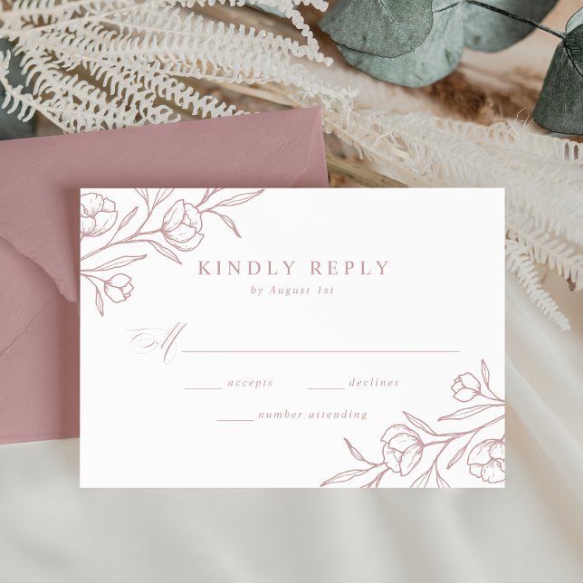 Sketched Floral Dusty Rose Wedding RSVP Card (Creator Uploaded)