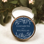 Sketched Floral Navy Wedding Classic Round Sticker<br><div class="desc">Elegant floral wedding stickers featuring white sketched flowers and leaves with a navy background. Personalize the sketched floral wedding stickers with your names. The floral stickers are perfect for sealing wedding envelopes,  wedding favours,  and more! Designed to coordinate with our Sketched Floral wedding collection.</div>