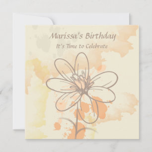 Sketched Floral on Watercolor Splats Birthday Invitation