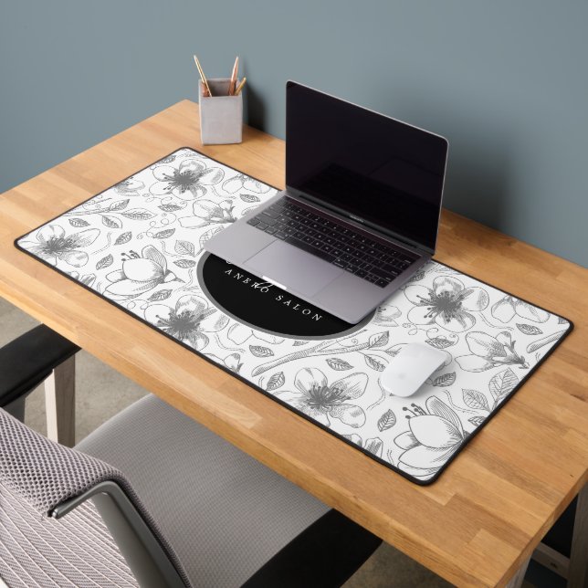 Sketched Floral Outline Grey/Blk ID939 Desk Mat (Office 2)